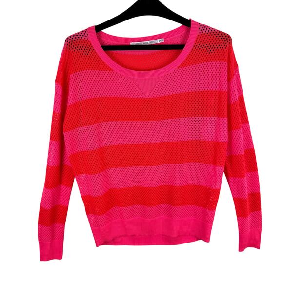 Lorna Jane Knit Red Pink Striped Long Sleeve Round Neck Open Knit Sweater Size M - Picture 1 of 6